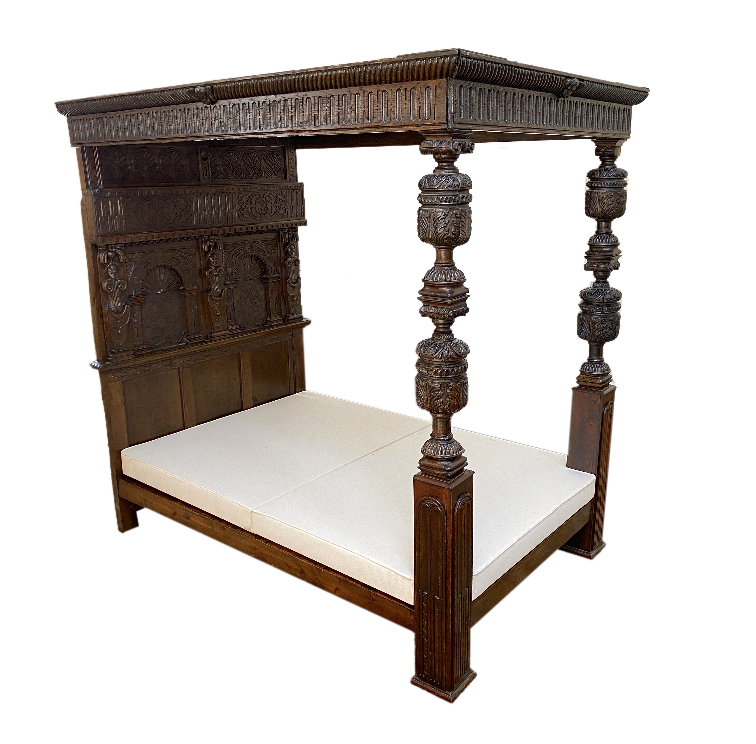 A 17th century style oak tester bedstead, width 144cm, length 202cm, height 206cm